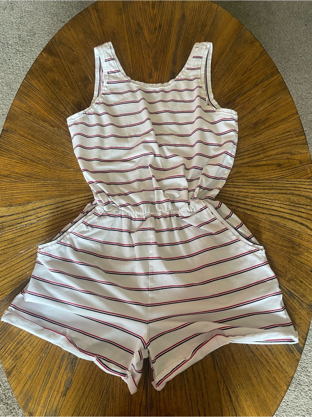 Sam & Lavi 100% Cotton White Sleeveless Striped Romper with Red & Navy Lines